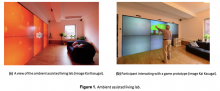 Figure 1. Ambient assisted living lab. (a) A view of the ambient assisted living lab (image Kai Kasugai). (b) Participant interacting with a game prototype (image Kai Kasugai).