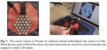 Fig. 7. The sensor consists of 30 pads of conductive thread embroidered onto a piece of cloth. When the user grabs a fold of the sensor, the interconnections are sensed by a microcontroller and mapped to relative 2D output.