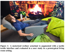 Figure 1: A motorized recliner armchair is augmented with a tactile textile interface and evaluated in a user study in a prototypical living room setting. handbags,