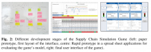 Fig. 2: Different development stages of the Supply Chain Simulation Game (left: paper prototype, first layout of the interface, centre: Rapid prototype in a spread sheet applications for evaluating the game’s model, right: final user interface of the game).