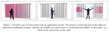 Figure 1: Possible ways of interacting with an augmented curtain. The gestures on the left and on the right are taken from traditional curtains, whereas the middle one relates more to vertical persian blinds. In this paper, we built on the interaction on the right.