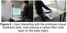 Figure 2 - User interacting with the prototype (visual feedback) (left). User placing a carbon fiber cloth layer on the base (right).